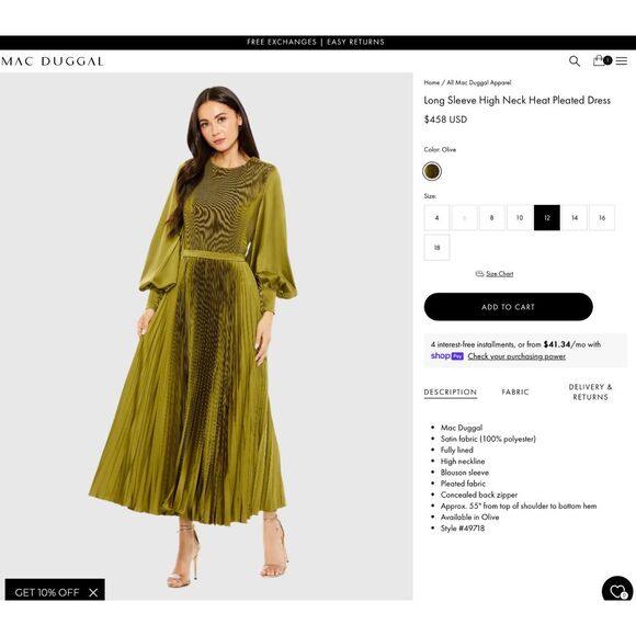 NWD IEENA Mac Duggal [ 12 ] Long Sleeve High Neck Heat Pleated Dress Olive Green - Picture 3 of 16